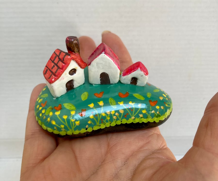 3 Mini Houses On A Rock Hand Crafted Gift