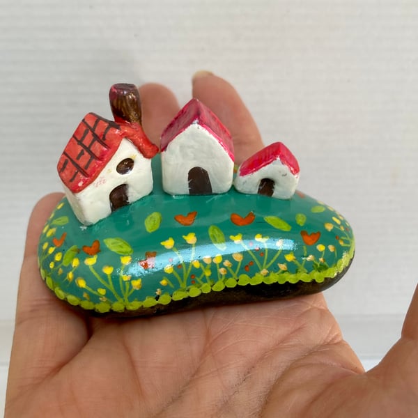 3 Mini Houses On A Rock Hand Crafted Gift