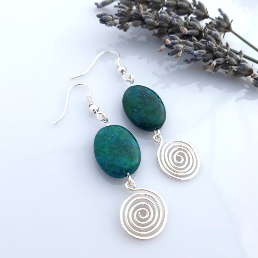 Azurite Silver Earrings, Spiral Earrings, Gift For Your Mum, Wife or Friend
