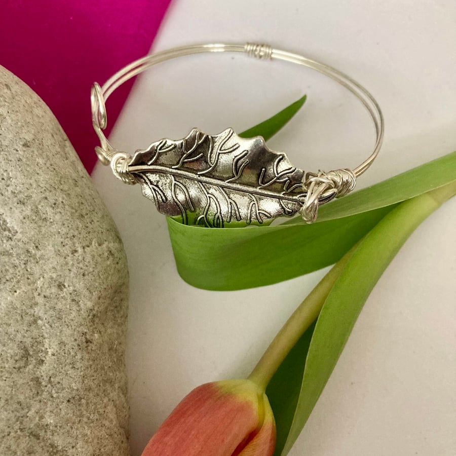 Silver Leaf  Bangle - Botanical Jewellery, Boho Jewellery