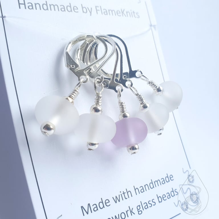 Lampwork Stitch Markers - Frosted White and Purple