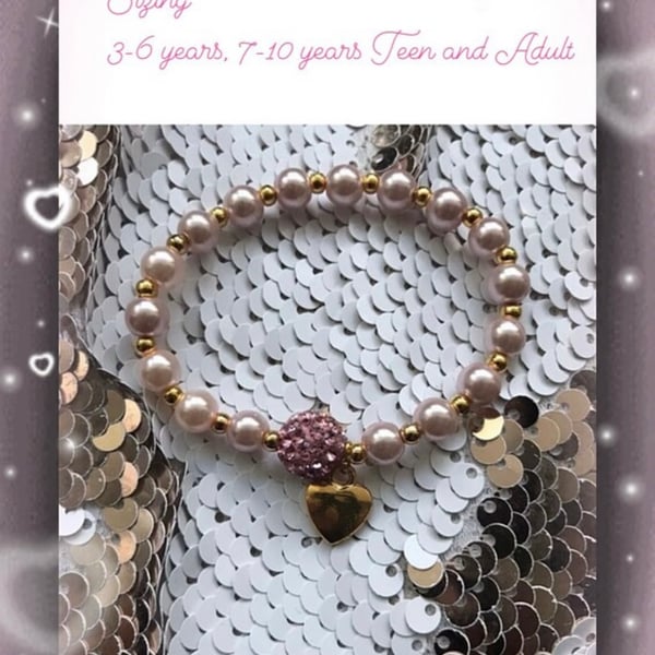 Pink and gold tone heart charm shamballa stretch beaded bracelet toddler adult