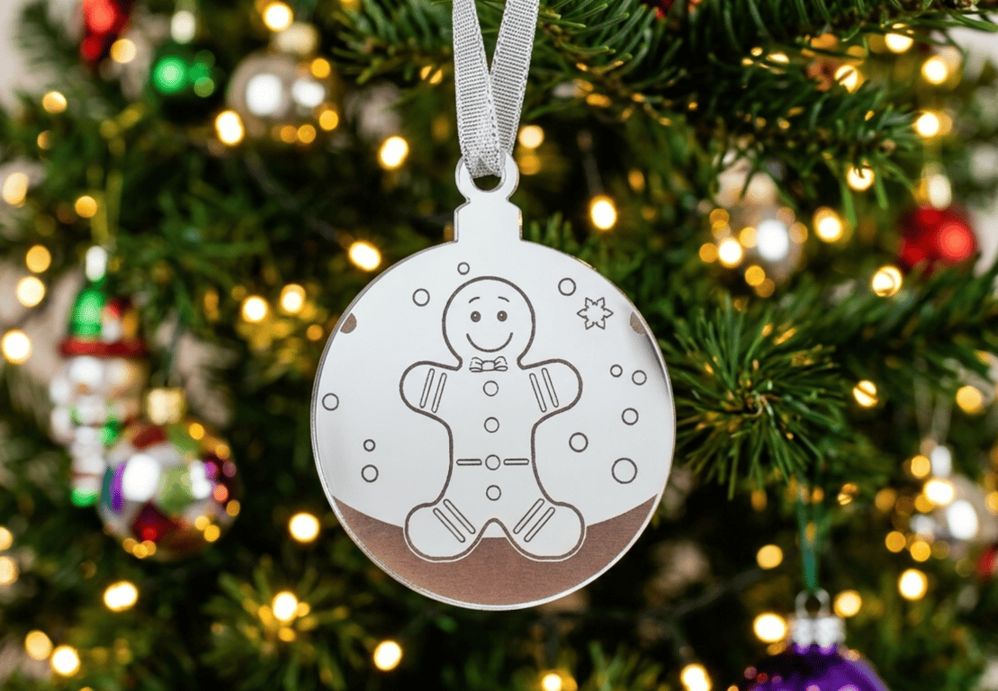 Gingerbread Man Christmas Tree Decoration, Silver Mirrored Acrylic Bauble