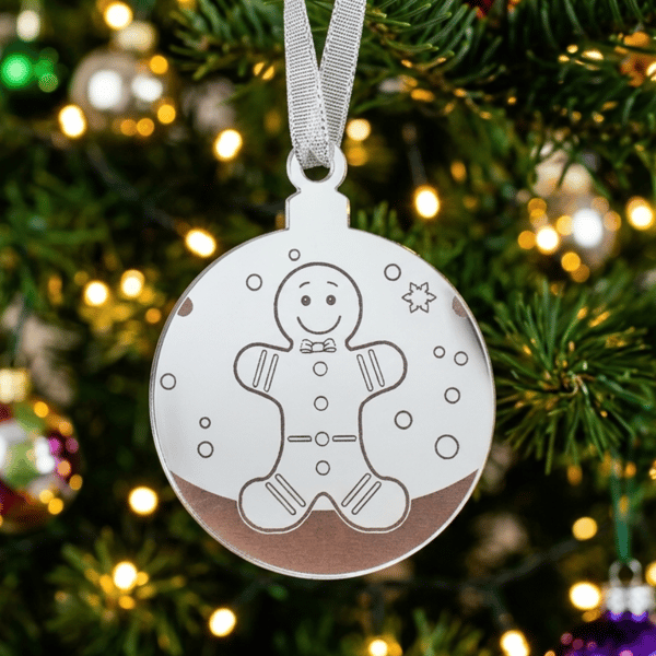 Gingerbread Man Christmas Tree Decoration, Silver Mirrored Acrylic Bauble