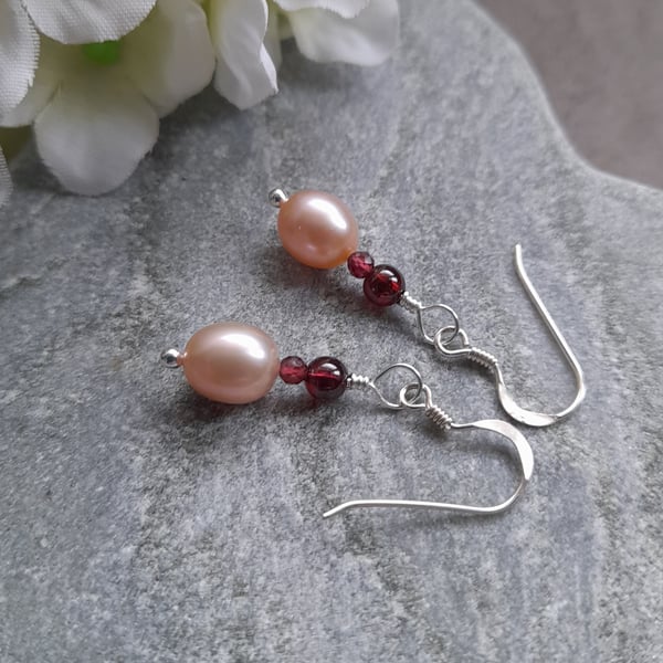 Pink Peach Cultured Pearl And Garnet Sterling Silver Earrings