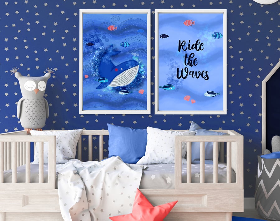 Under the sea nursery decor for baby boys, Set of 2 custom name Ocean art prints