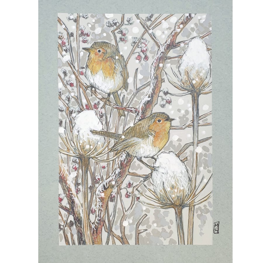Robins in Winter original artwork, small bird drawing, bird art