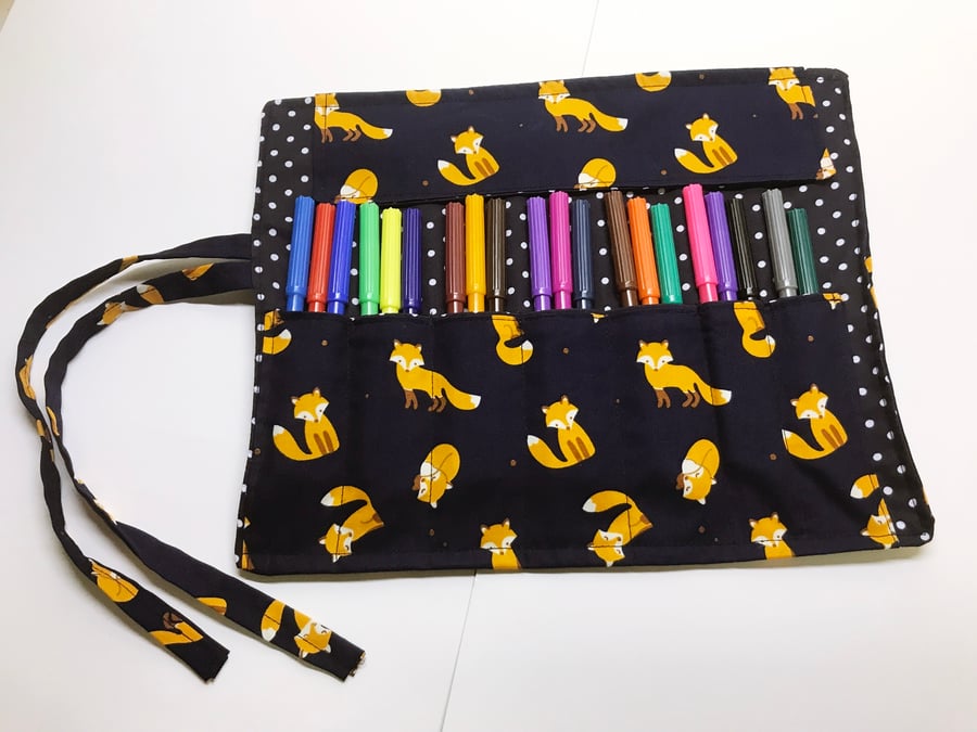 Foxes roll up pencil case for kids, cats cotton fabric 