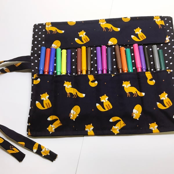 Foxes roll up pencil case for kids, cats cotton fabric 