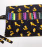 Foxes roll up pencil case for kids, cats cotton fabric 