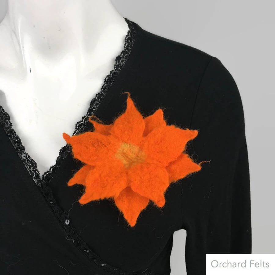 Flower brooch, corsage or lapel pin, wet felted in orange merino wool