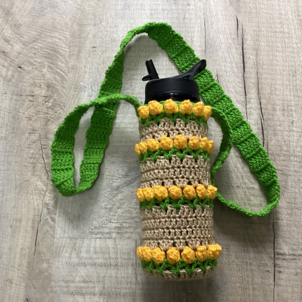 Crochet yellow tulip  water bottle holder