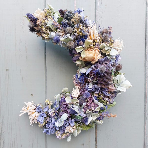 Dried Flower Crescent Moon Shape Wreath. Shades of Blue.