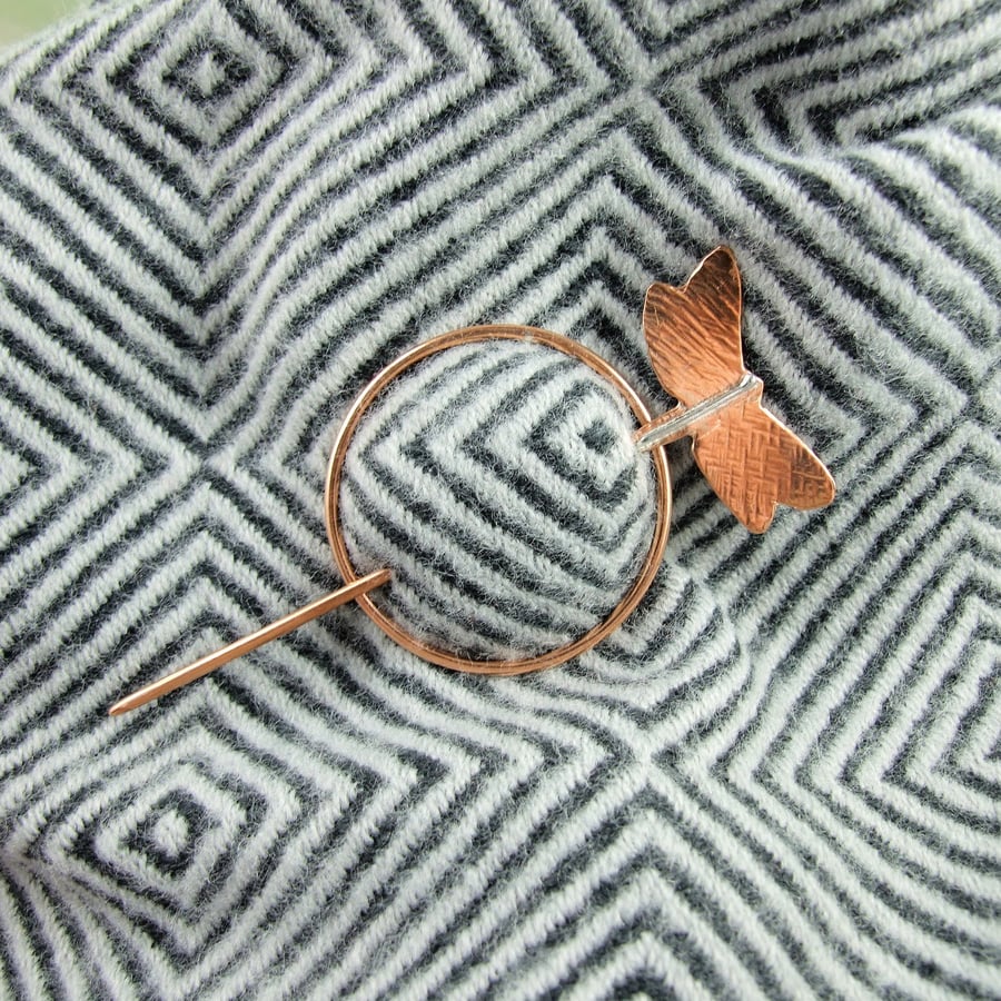 Dragonfly Shawl Pin, Copper and Sterling Silver