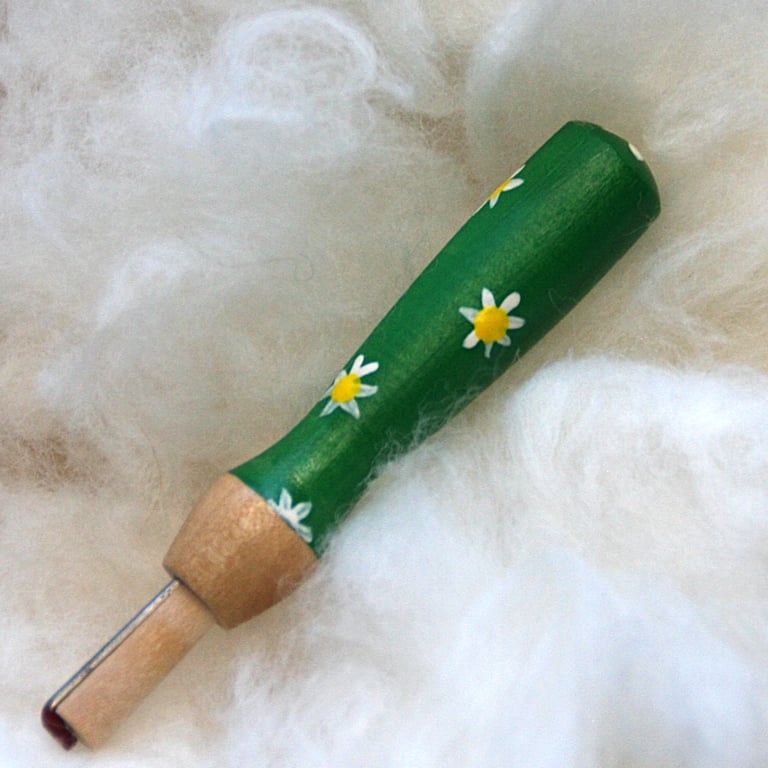   Hand painted green daisy needle grip tool for needle felting 