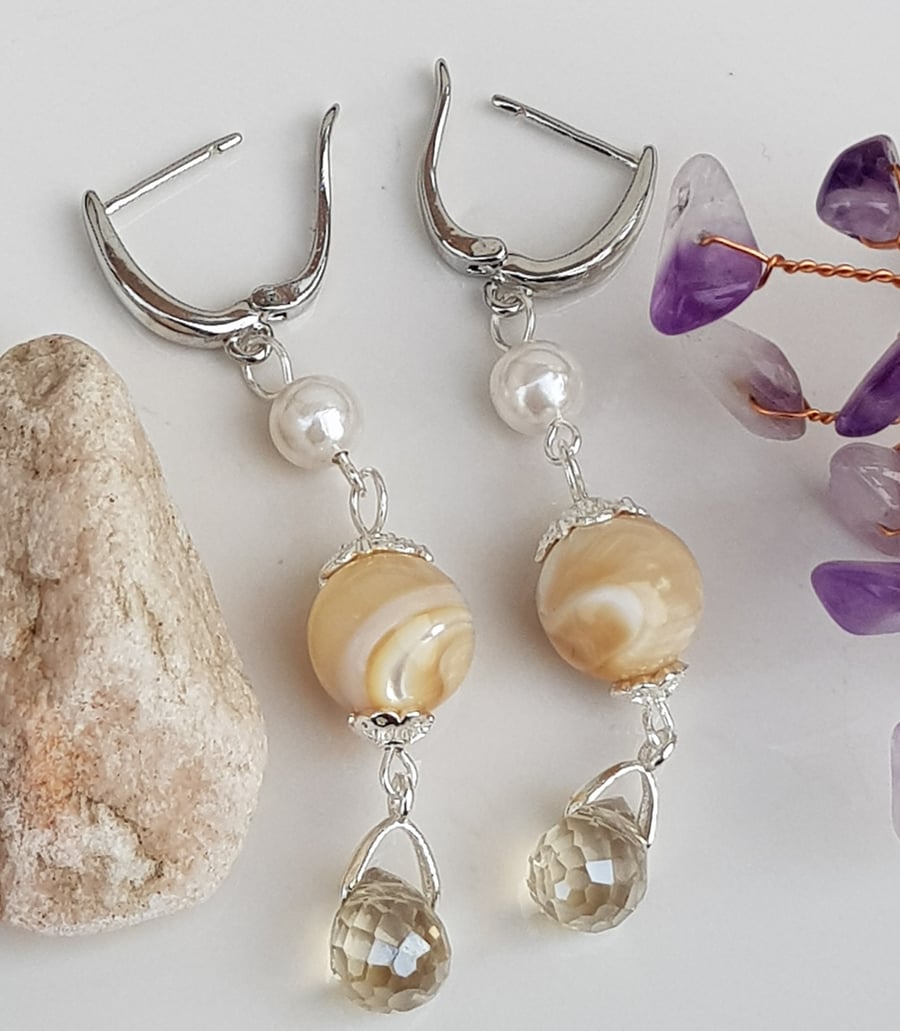 Mother of pearl and austrian crystal drop earrings, gift for her
