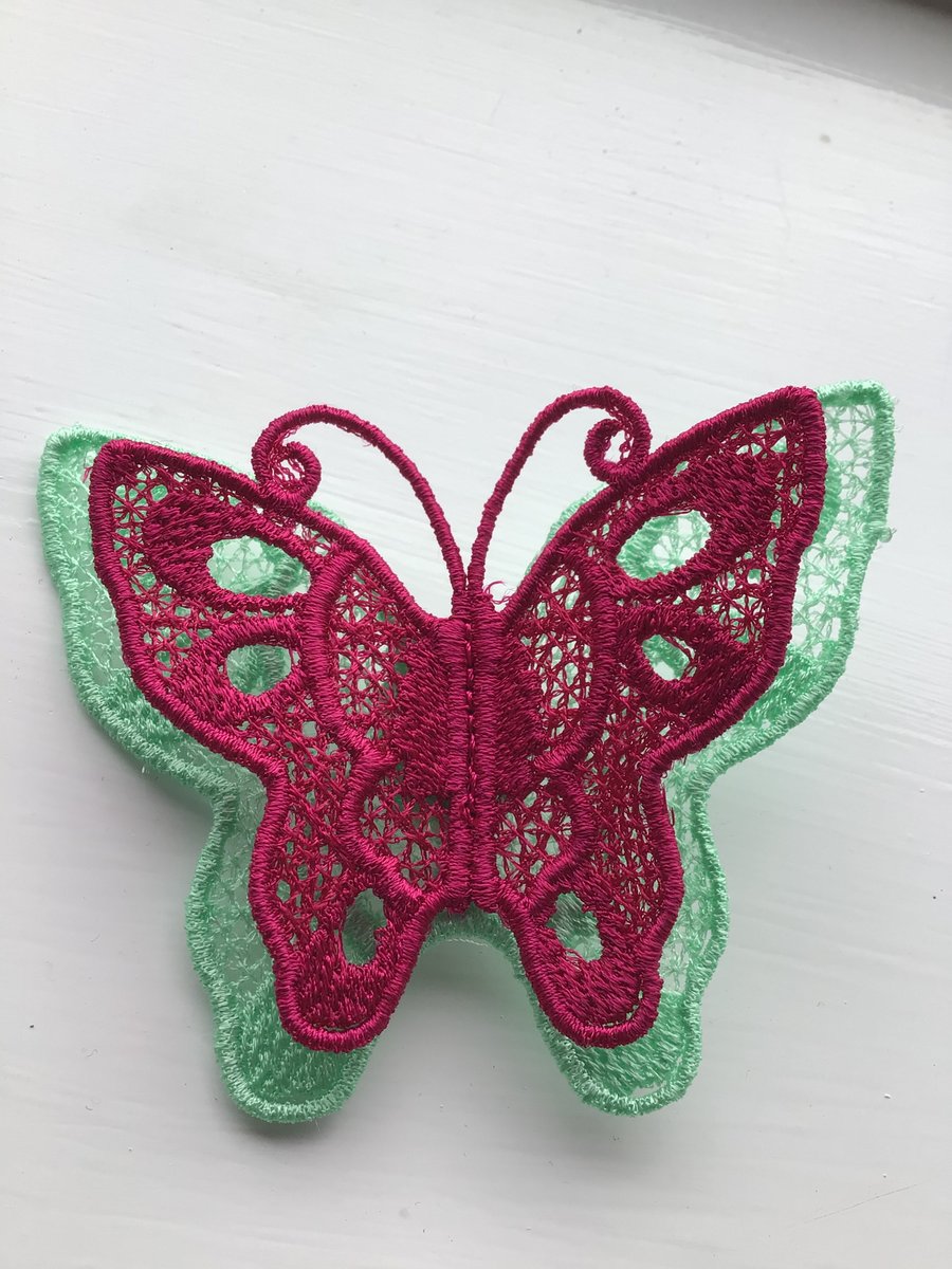 Butterfly lace brooch. Green,pink.
