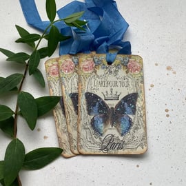  GIFT  TAGS , vintage style.  ( set of 3 ) ' Papillon' . Butterfly. Blue. Paris.