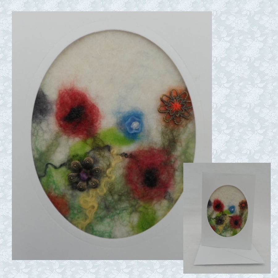 Greetings Card, felted with beaded flowers (oval 3)
