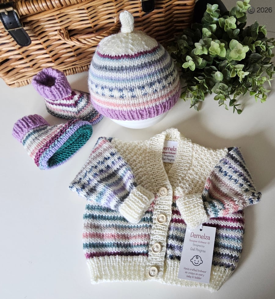 Designer Pure Merino Wool Hand Knitted Baby Cardigan Gift Set Size 3-6 months 