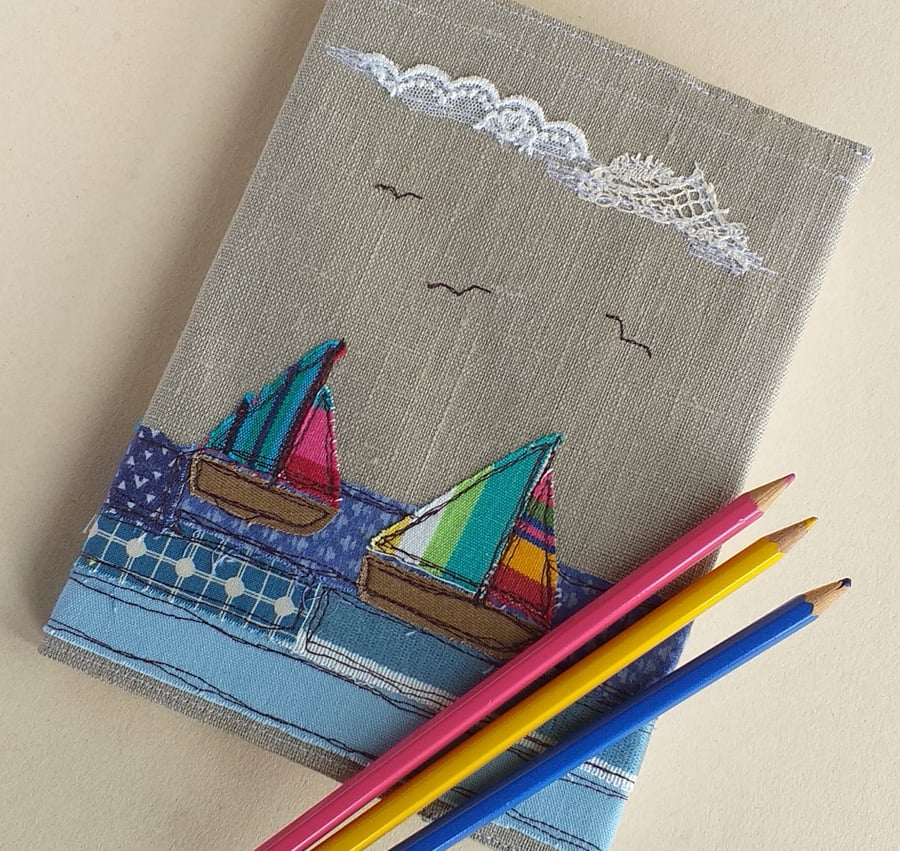 Notebook Cover with Embroidered Sailing Boats