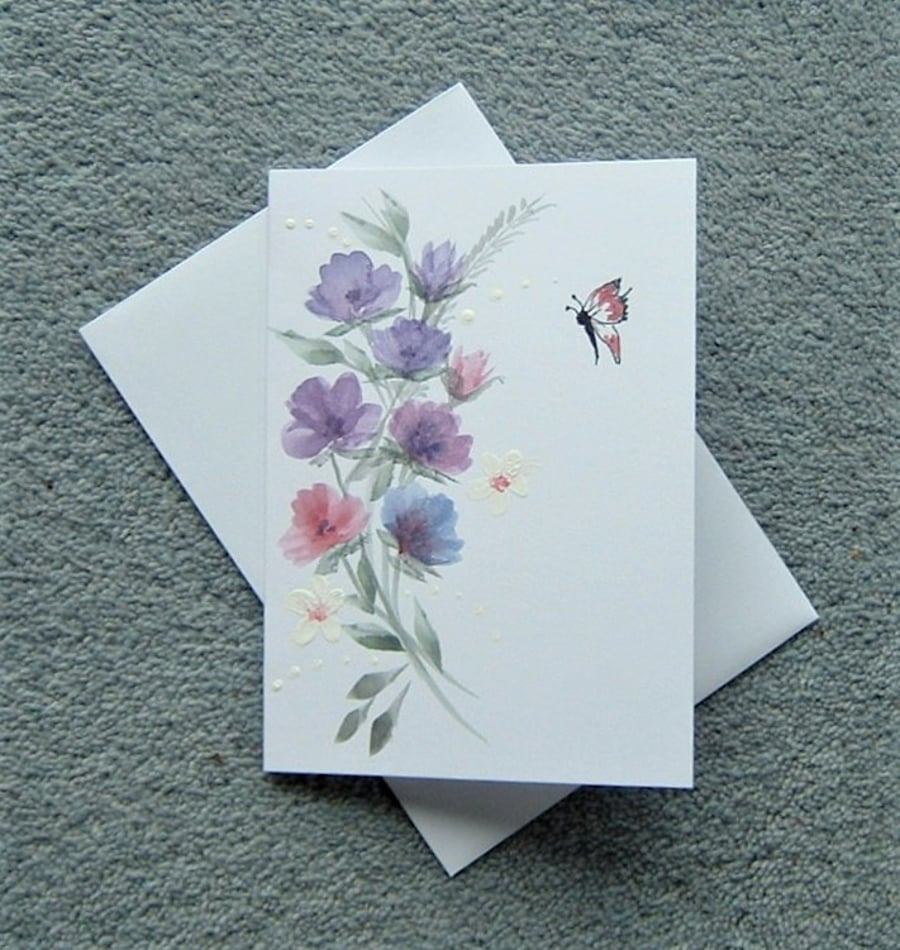 hand painted floral butterfly blank greetings card ( ref F 147 )