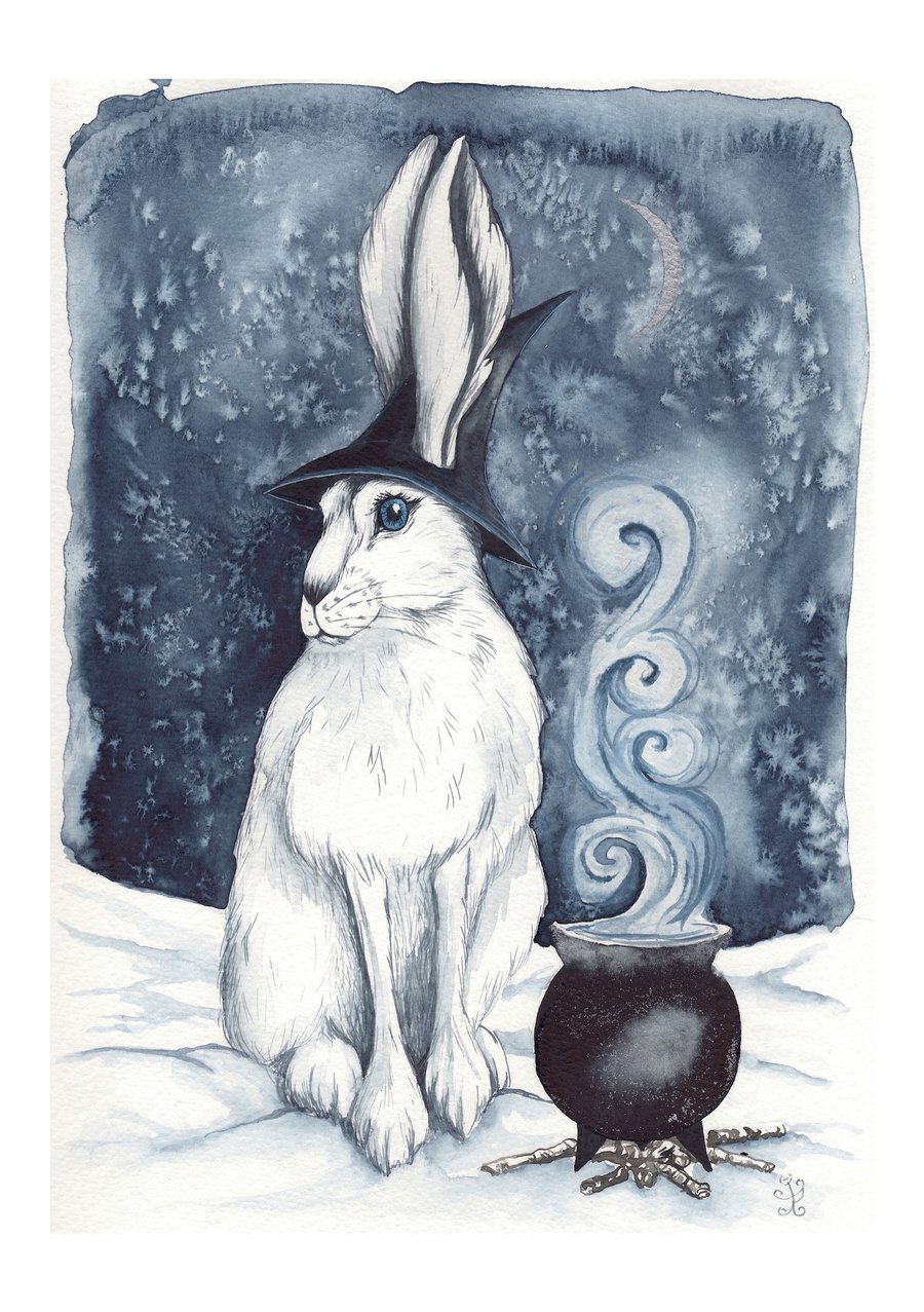 White Arctic Hare Witch - Snowy lanscape with hare and cauldron.