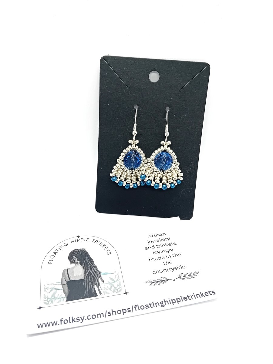 Blue and silver peacock fan earrings