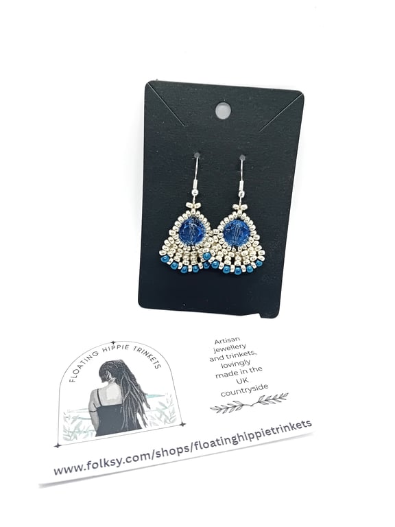 Blue and silver peacock fan earrings