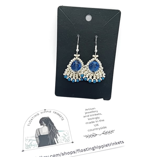 Blue and silver peacock fan earrings