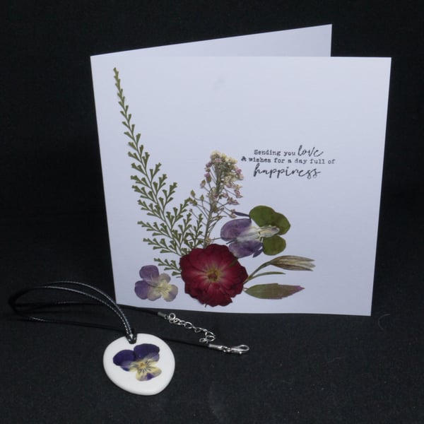 Pressed flower birthday card with matching ceramic pendant