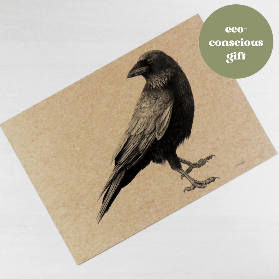 Adult crow standing print on natural recycled card stock, A5