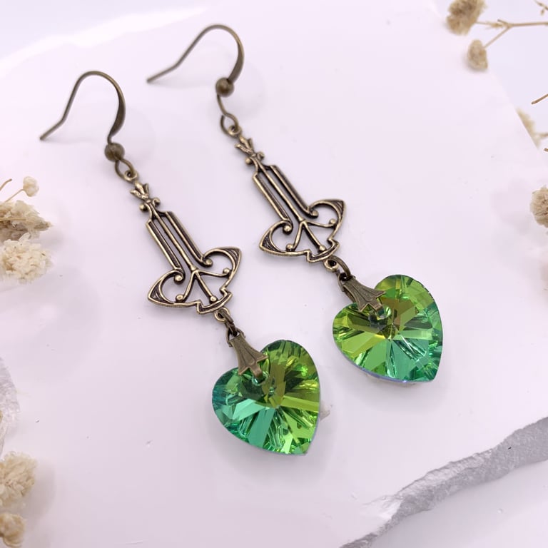 Vintage Style Antique Gold and Green Glass Crystal Heart Drop Earrings