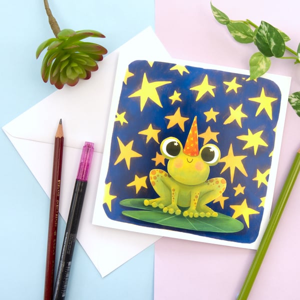 Frog Wizard Blank Greetings Card Froggy Card Frog and Stars Card