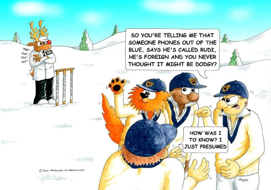 Cricket Christmas card. Umpire Rudi . Funny cartoon card. FREE UK P&P