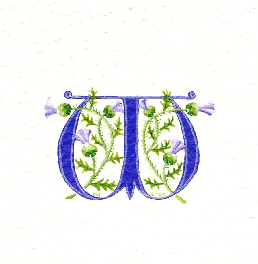 Initial letter 'W'  handpainted in purple with thistles