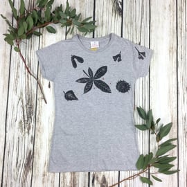Leaf lovers T-Shirt. Autumn nature top. Womens sizes. Lino cut and hand printed 