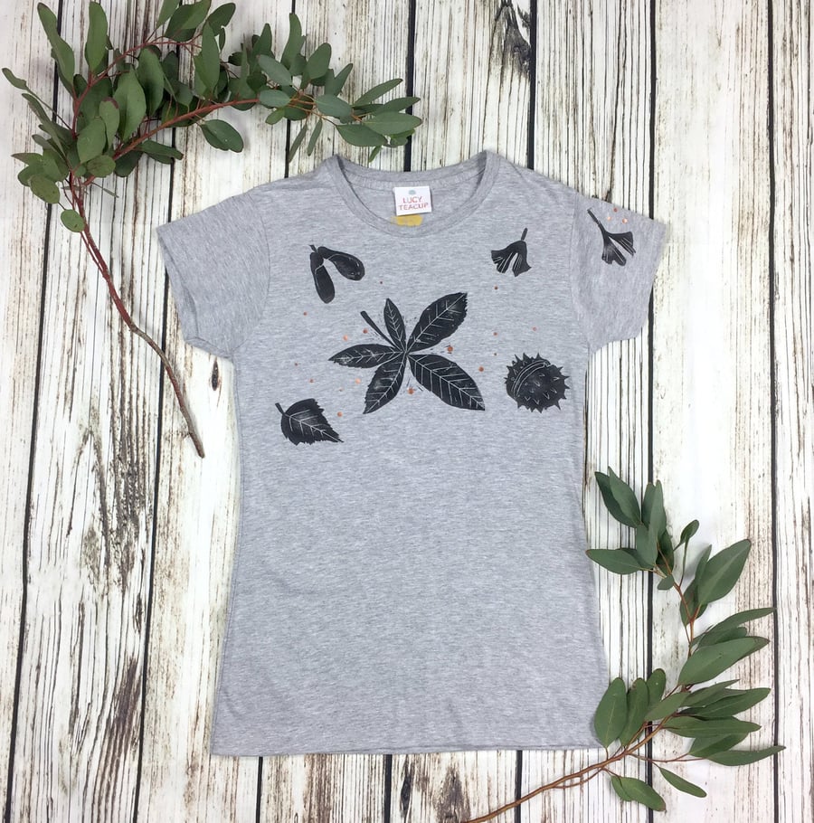 Leaf lovers T-Shirt. Autumn nature top. Womens sizes. Lino cut and hand printed 