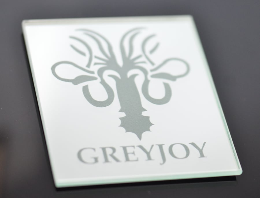 Game of Thrones House Greyjoy Mirrored Glass Sandblasted Engraved Coaster