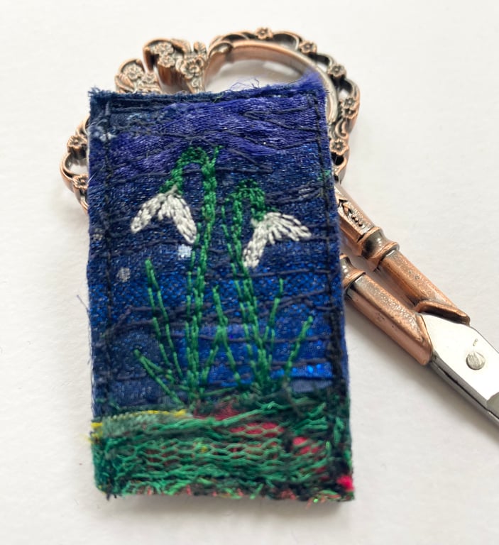 Snowdrop brooch pin or badge. Up-cycled and embroidered. 