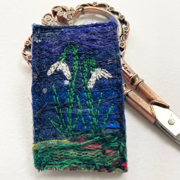 Snowdrop brooch pin or badge. Up-cycled and embroidered. 