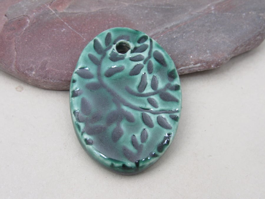 Large Emerald Green Leaf Sprig Ceramic Pendant