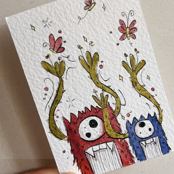 Whimsical Monsters ACEO, Original Watercolor and Ink Art