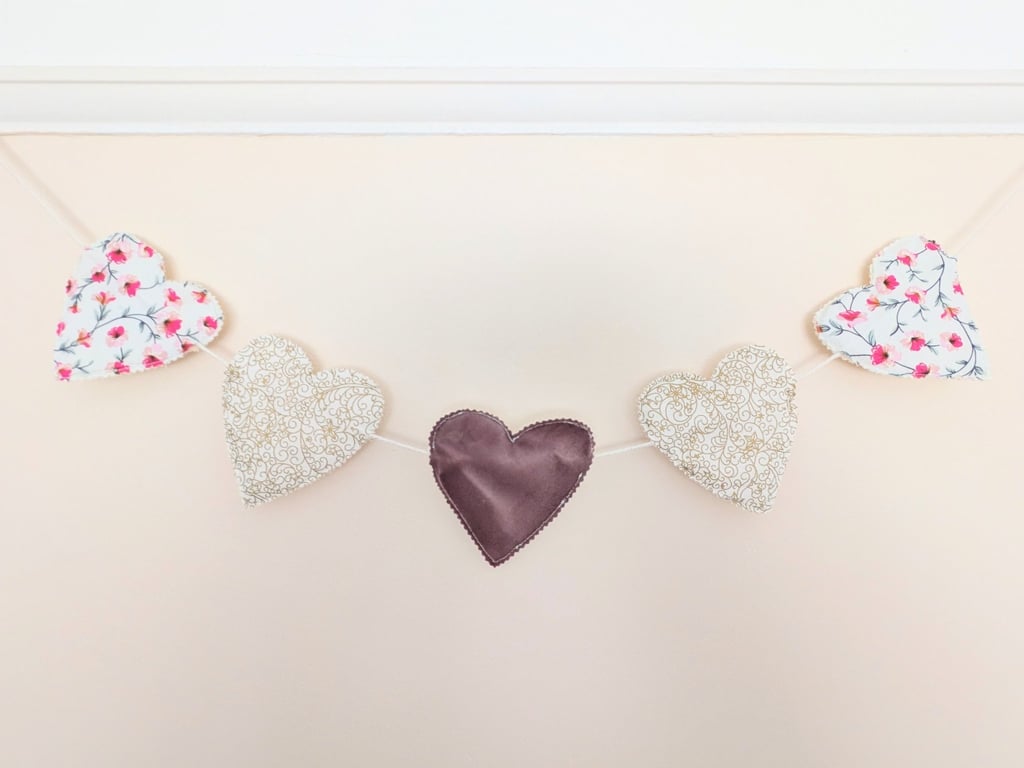 Handmade Floral & Dusky Pink Velvet Heart Bunting