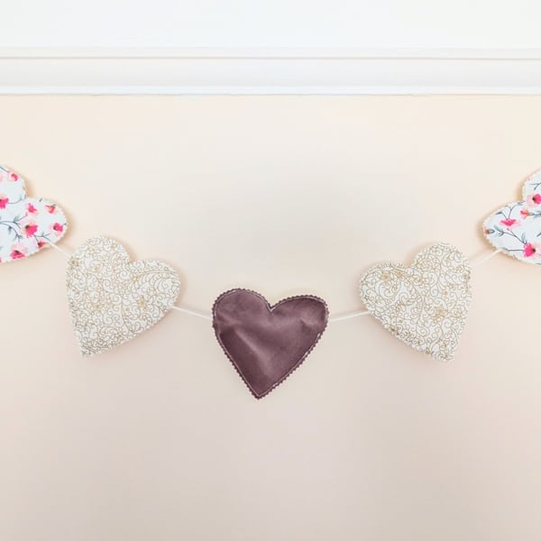 Handmade Floral & Dusky Pink Velvet Heart Bunting