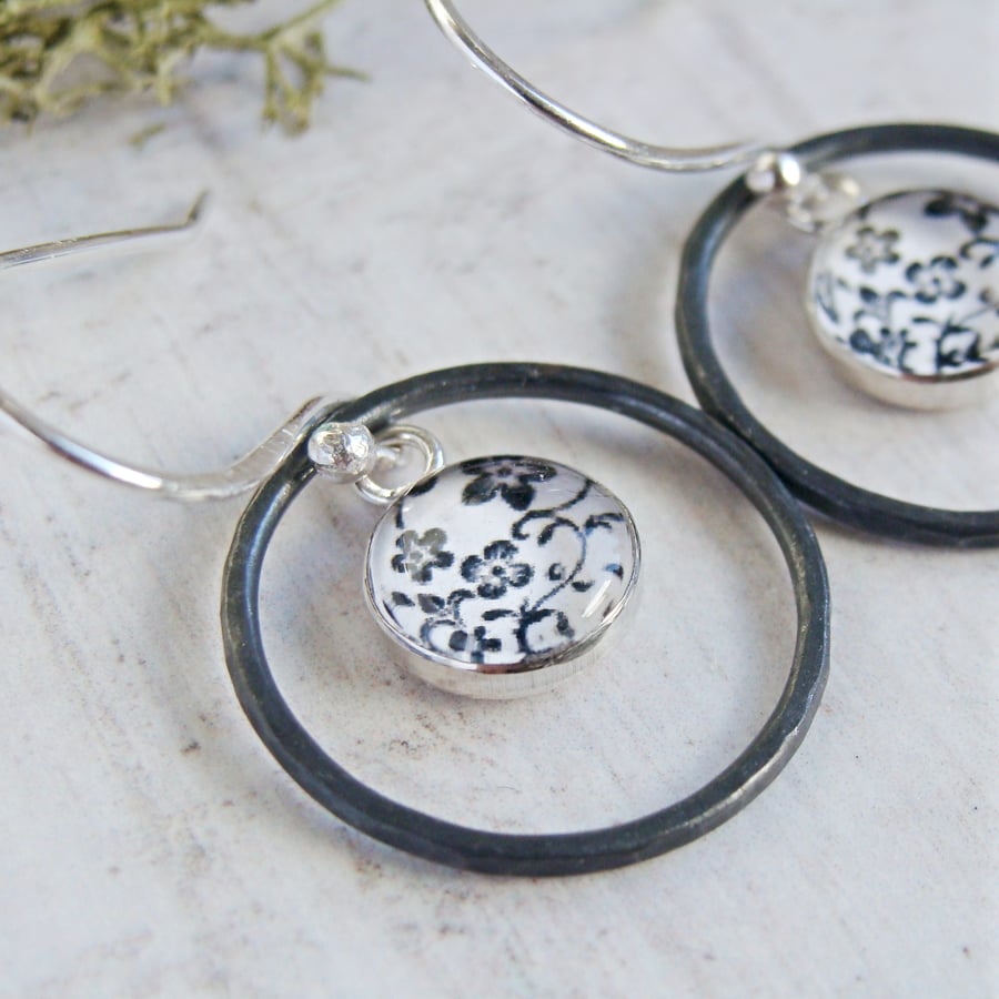 Floral Art Charm Dangly Earrings With Oxidised Sterling Silver Circle Loops