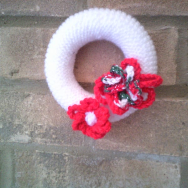 Hand Knitted White Mini Wreath with Red Flowers