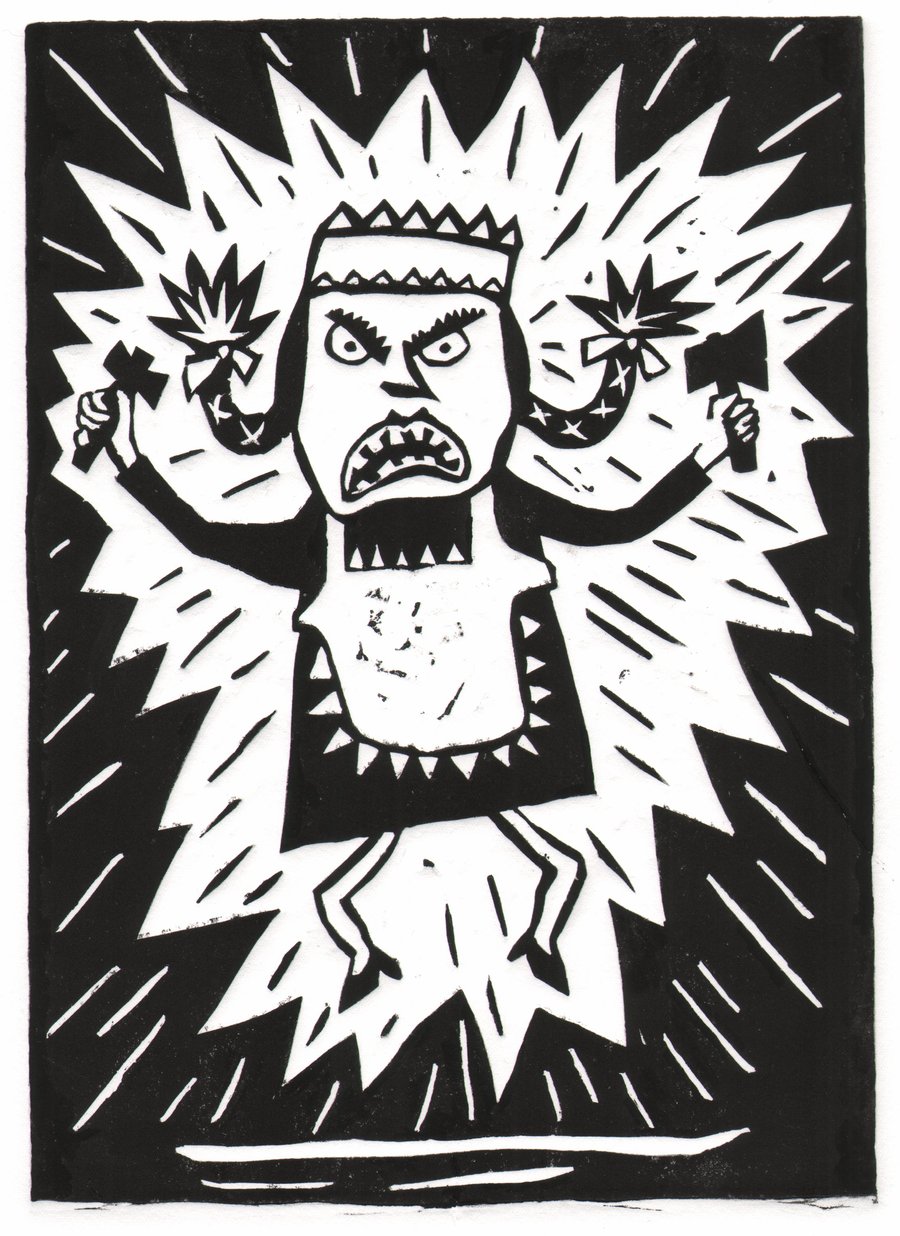 lino-print, black and white, jumping figure, humour
