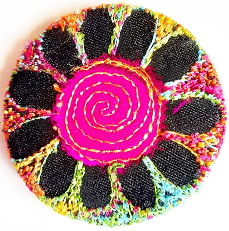38mm Badge Hand Dyed Fabric Floral badge with Free Machine Embroidery 