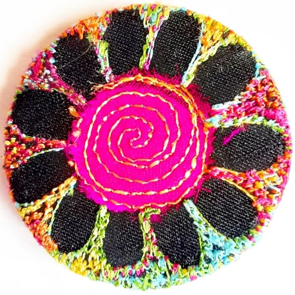 38mm Badge Hand Dyed Fabric Floral badge with Free Machine Embroidery 